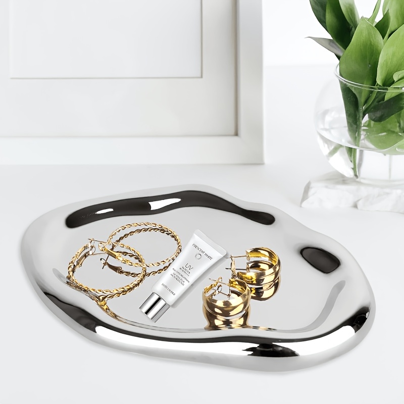 Silvery Tray, Decorative Makeup Tray, Bathroom Tray, Jewelry Dish, Silvery Round Tray Stand, Home Storage, Irregular Storage Tray, Bathroom Organization, Long