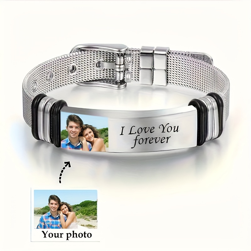 

Create A Personalized Photo Print Engraved Stainless Steel Bracelet With Stylish And Elegant Design. Valentine's Day Or Christmas Gift.