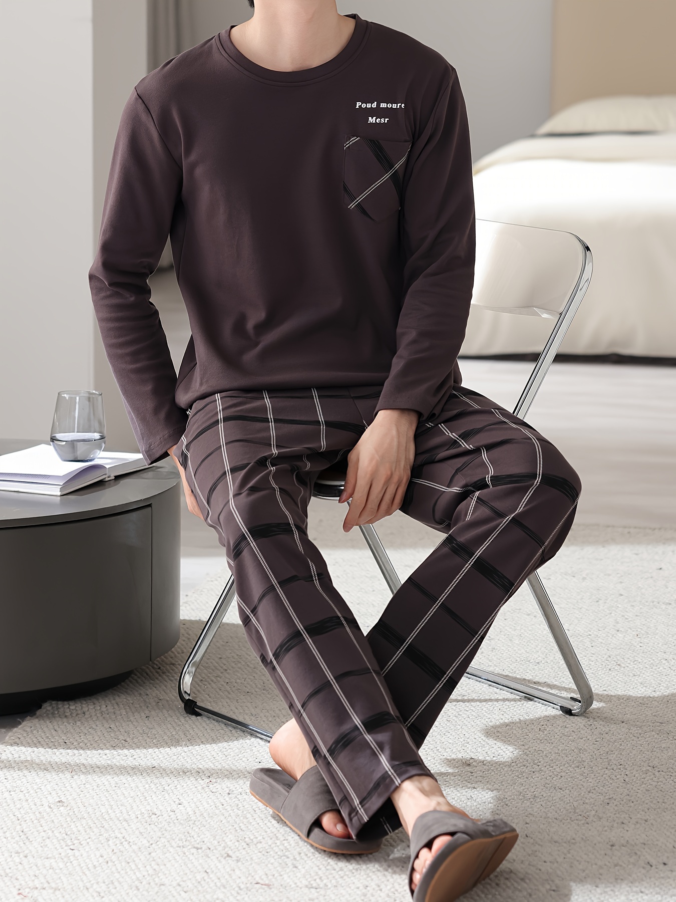 1set Men'S Casual Cotton Pajama Set, Long Sleeve Round Neck Sleepwear with Pockets, Loose Fit Knitted Pullover for Spring/Autumn - Comfortable Thin Cotton Outfit