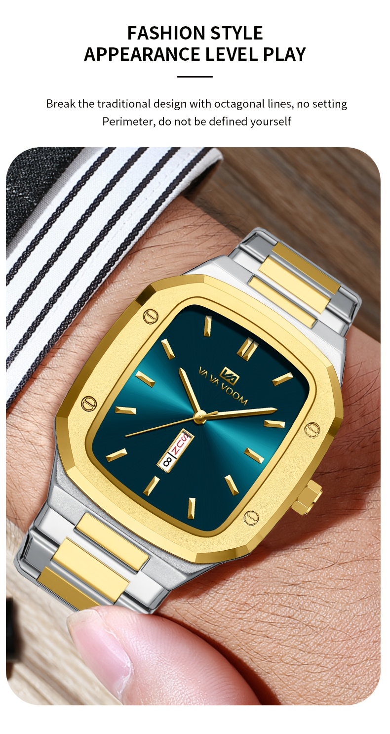1pc luxury mens quartz watch   dial stainless steel strap blue silvery   clock casual business original movement dual calendar timing week for man industrial style   watches details 2