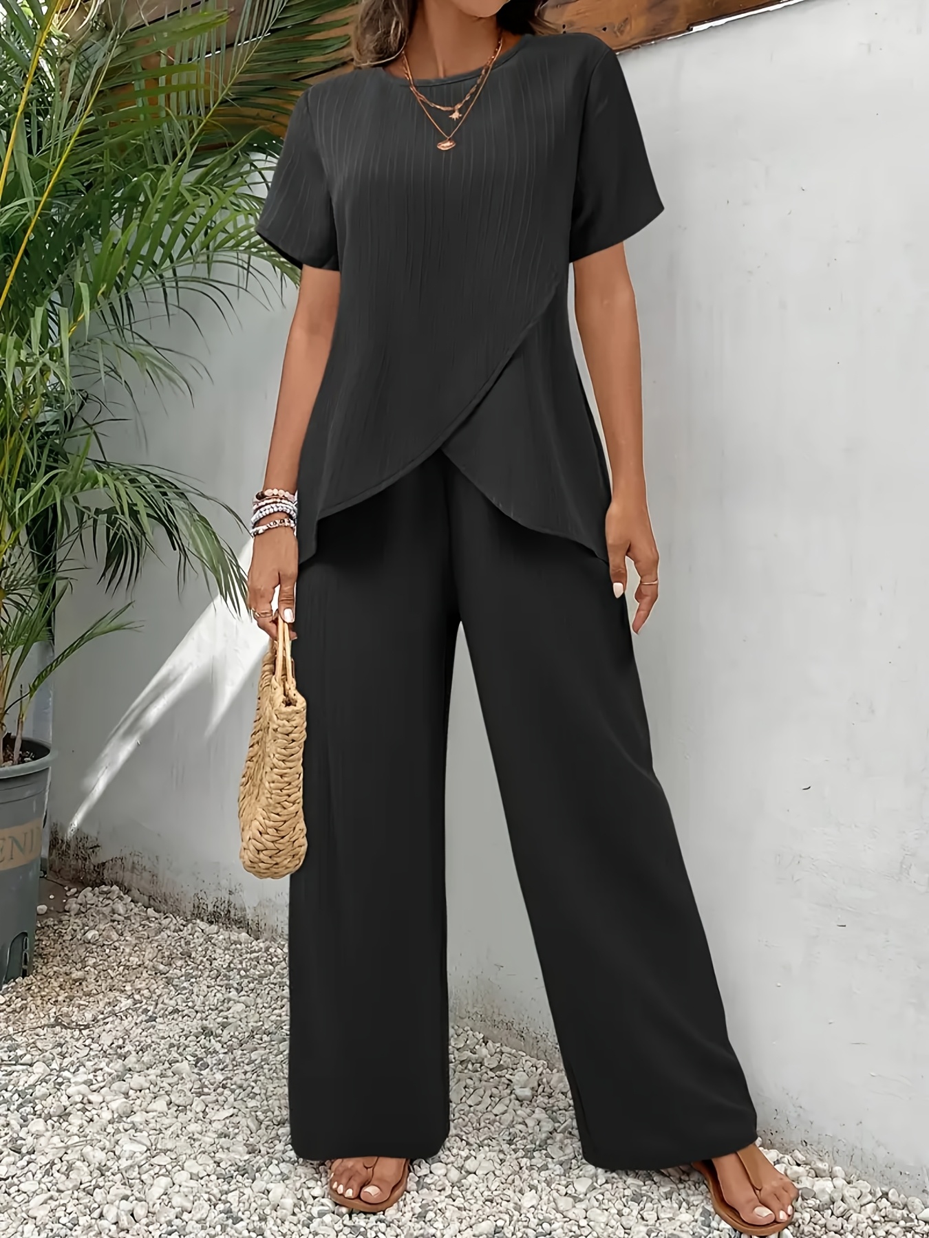 solid color casual pants set asymmetrical hem round neck short sleeve top and pants set womens clothing 0