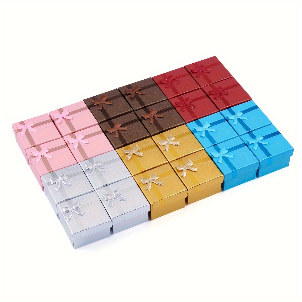 TEMU 24pcs 6-color Random 5.1x5.1x3.5cm Square Paper Bow Jewelry Boxes With Sponge, For Ring Earring Storage And Packaging