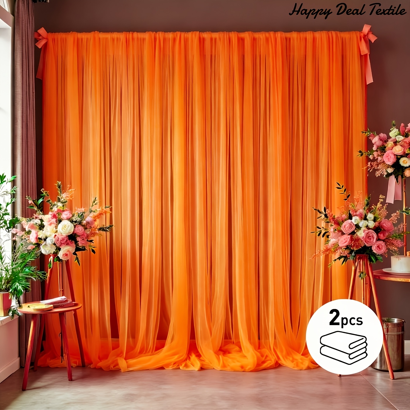 TEMU 2pcs 1.662x3.23m Elegant Orange Wedding Party Backdrop Decor - Soft Polyester Mesh Craft Fabric For Halloween, Christmas, Valentine's Day,