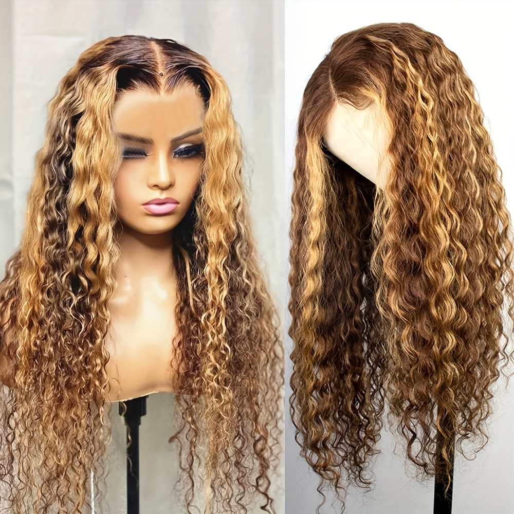 TEMU Glueless Wig - Water Wave Lace Front Human Hair Wig With Ombre Brown To Honey Blonde Highlights, 5*5 Hd Transparent Lace Closure, 180% Density, Full & Thick Hair For Women, Elegant Style