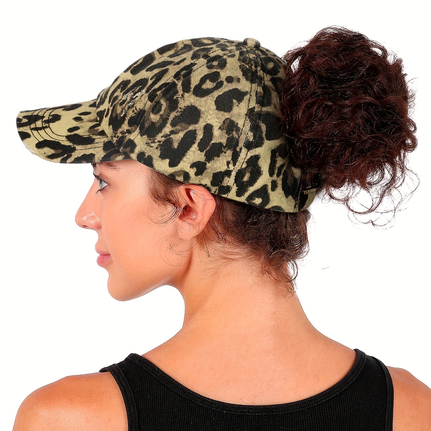 

1pc Adjustable Distressed Ponytail Baseball Cap, High-quality Washed Cotton Peaked Hat, Lightweight & Breathable Sun Protection Outdoor Hat With Leopard Print Design