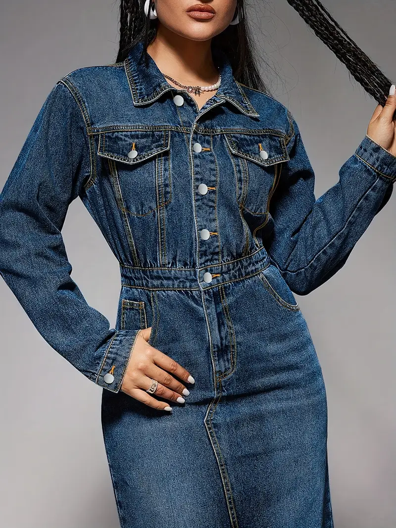 womens straight fit long sleeve denim dress elegant casual womens clothing denim details 1