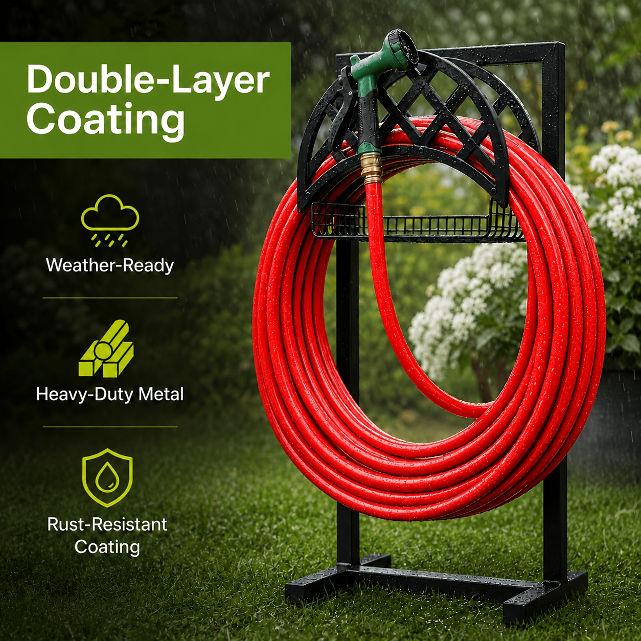 TEMU Porta tubo da giardino, staffa in metallo per carichi pesanti con base stabile e 2 ganci per attrezzi, scaffale portaoggetti da esterno
