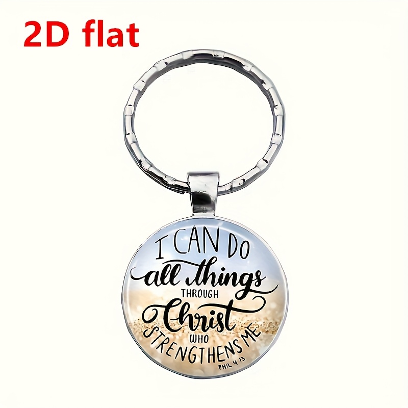 TEMU 2d Flat, 2d Flat 1pc Fashion Diy Keyring Inspirational 'i Can Do All Things Through Christ' Pattern Glass Alloy Keychain Car Decoration For Men