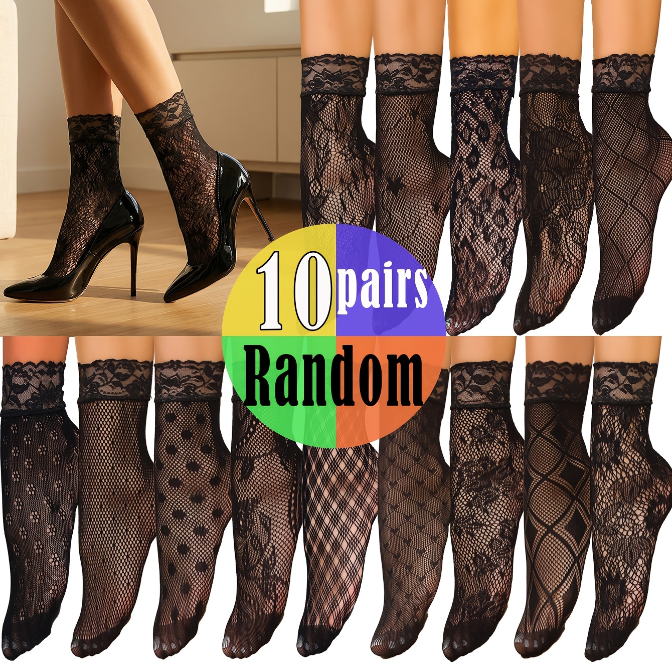 TEMU 10-pair Random Floral Pattern Women's Lace Ankle Socks Set