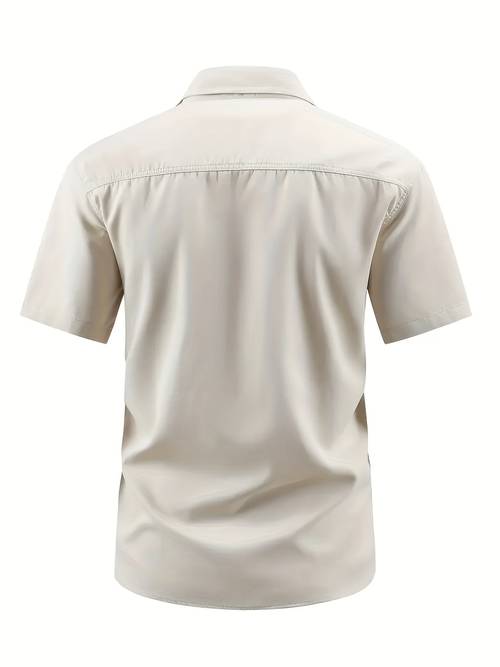 mens casual cargo short sleeve shirt with button pockets solid color non stretch fabric regular fit for weekend casual wear