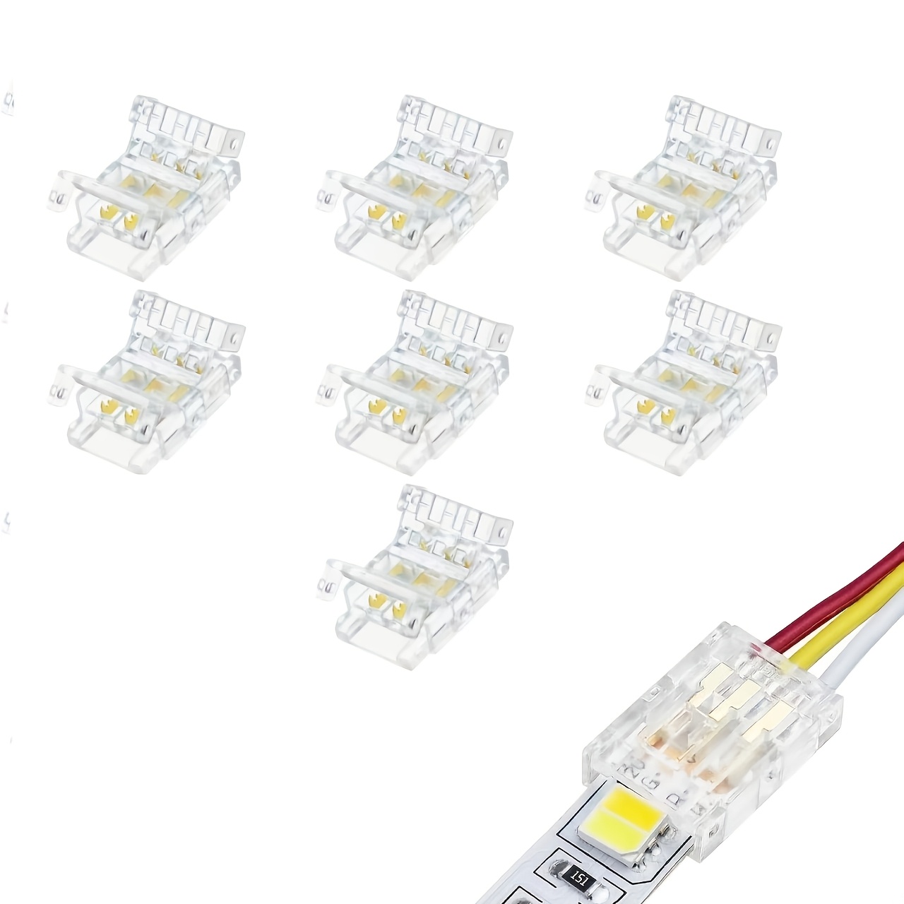 TEMU Connecteur LED 3 broches 10 mm, 7 pièces de connecteurs de fils transparents soudure, connecteur de bande LED avec 3 conducteurs pour une