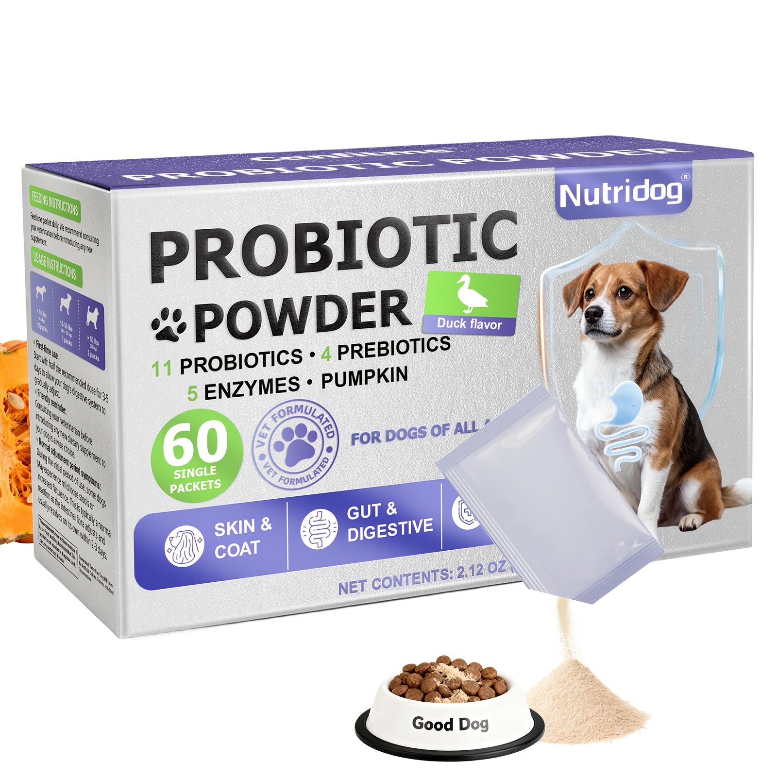 TEMU 60 Packs Probiotics For Dogs Powder, Duck Flavor - Supports , Digestive Balance - And Probiotic Soft Powder (60g) (duck)