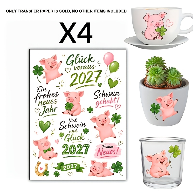 Image of 4pcs New Year Pig Uv Transfer, Featuring Watercolor Style With Cute Pink Pigs With And Horseshoe Patterns, Along With 2027 German New Year Greetings. Suitable For Ceramic Cups And Plates