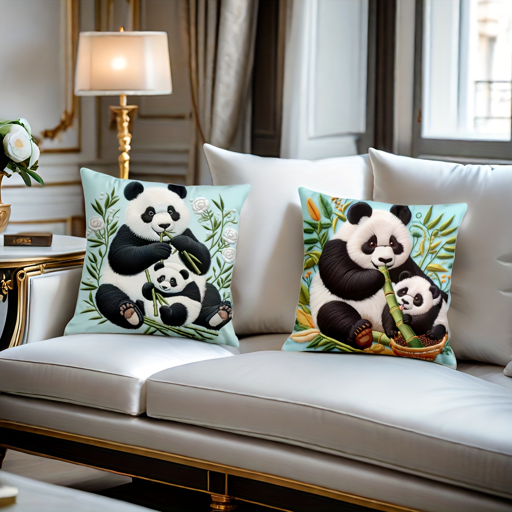 

2pcs Cute Panda 3d Embroidered Decorative Throw Pillow Covers, Zip Closure, Machine Washable - Perfect For Home, Office, And Car Decor