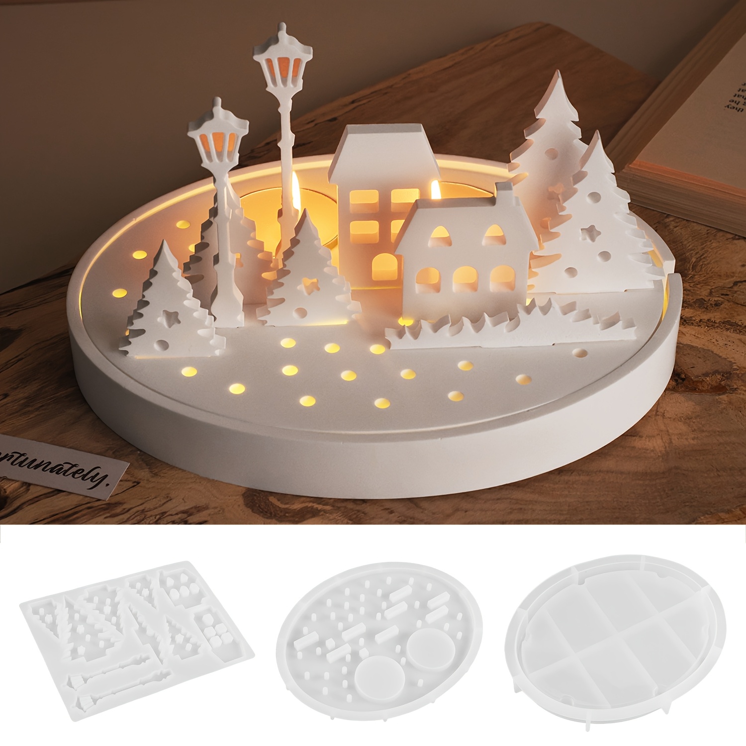 Openwork Trees House Street Lamp Candlestick Silhouette Crystal Drip Glue Gypsum Cement Silicone Mold Diy Crafts Casting Tool