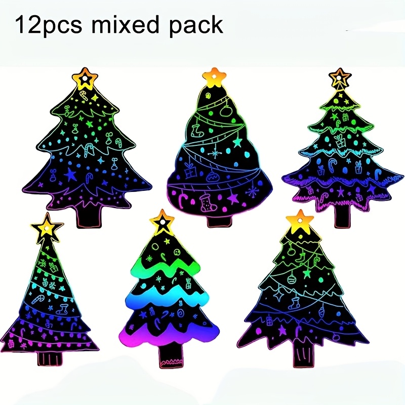 TEMU A Set Of 12 Mixed Colorful Scratch Featuring Christmas Tree Designs, Perfect For Decorations And Party Embellishments. Blank Scratch Papers Are