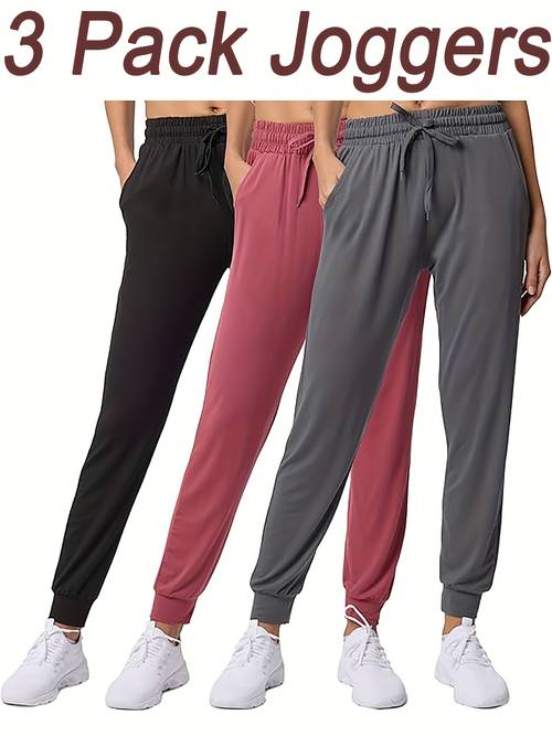 3 pack womens ultra soft high elastic joggers with pockets tapered leg athletic sweatpants for workout yoga running lounge machine washable black navy grey yoga apparel solid color pants functional pockets