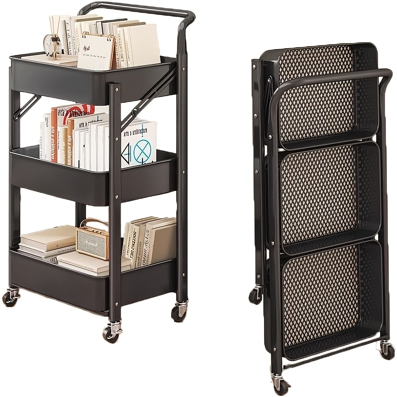 TEMU 3-tier Folding Storage Cart With Wheels And Condiment Bottle, Foldable Storage Cart With Handle, Rolling Organizer, Trolley With Hanging Cup And