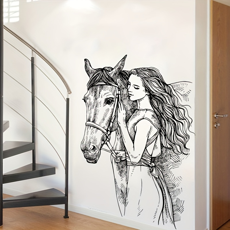 

2pcs/set Sketch Horse & Lady Wall Decals, Bedroom Living Room Foyer Home Wall Decor Stickers, Self-adhesive Pvc, Aesthetic Home Decoration, Room Decor, Beautify Your Home