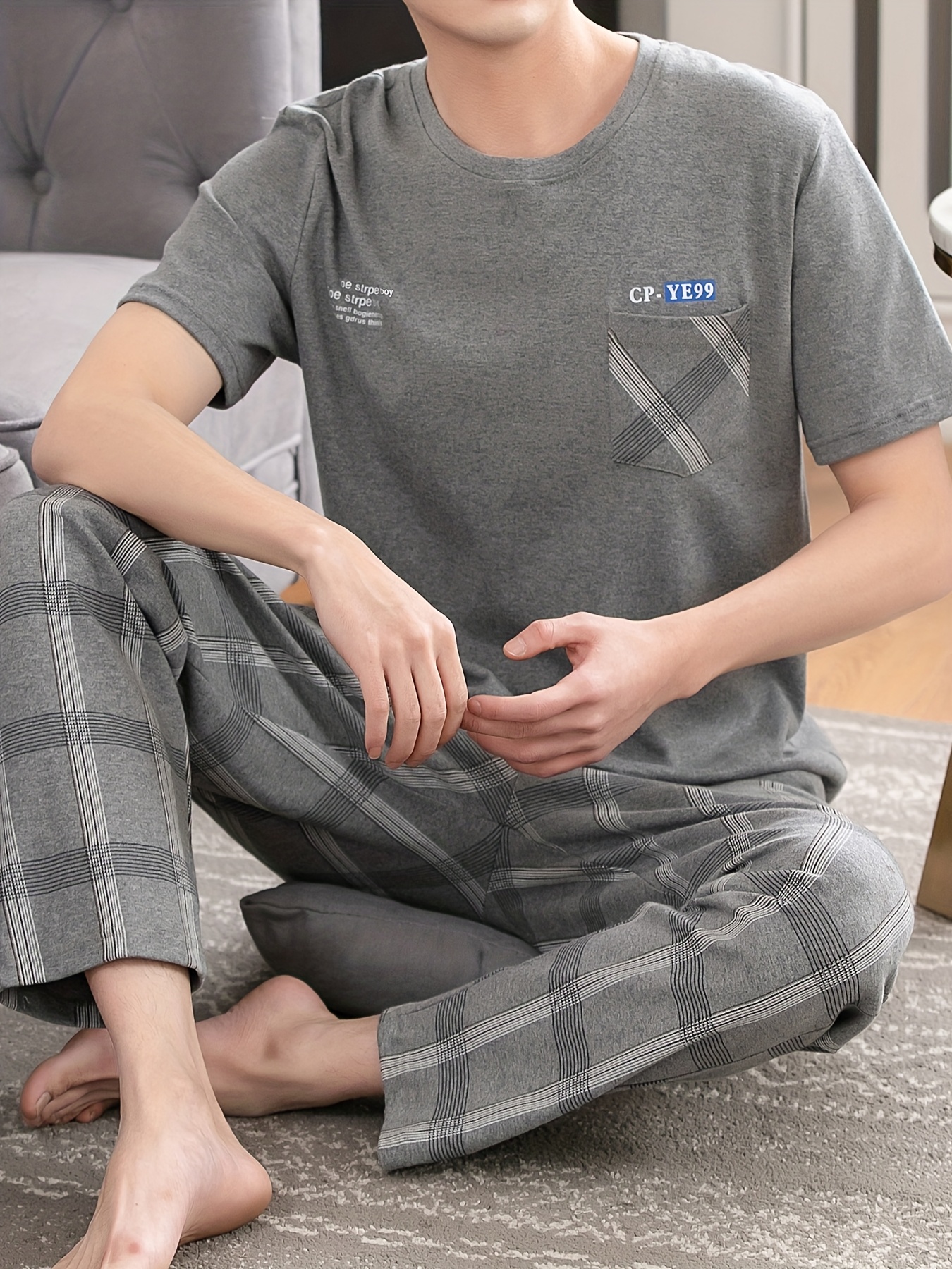 Men'S Summer Pajamas Made of Pure Cotton, Featuring Short Sleeves And Long Pants, Lightweight And Available in Plus Sizes for Young Adults.