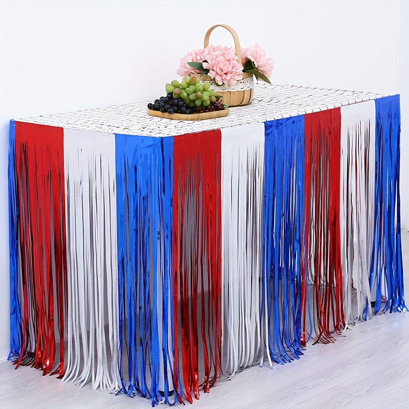 

1pc Blue Red White Tassel Table Skirt, Party Blue Red White Disposable Table Skirt, Independence Day Decoration, Party Supplies