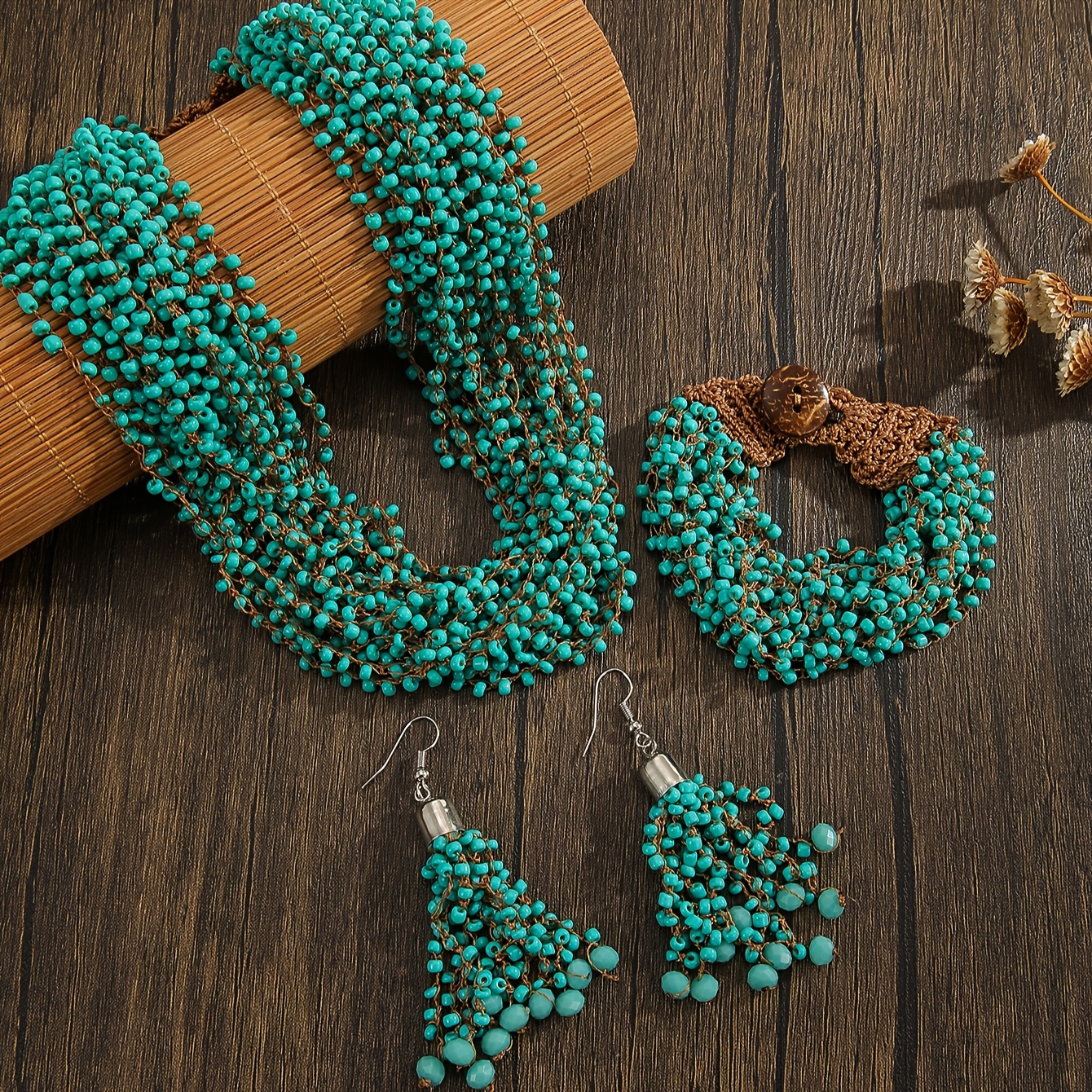 TEMU 3pcs/2pcs Handmade Retro Crochet Jewelry Set, Local Jewelry Set, Bohemian Retro Necklace And Bracelet And Earrings 3pcs Set, Available, Daily