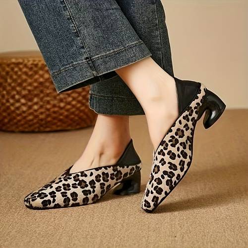 womens fashion leopard print heel shoes square toe unique chunky heel design microfiber season print shoes