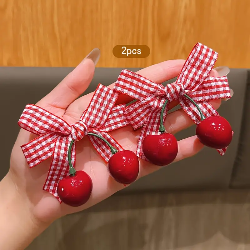 2pcs korean style   bow hair clips red white gingham check with green leaves durable plastic hair accessories for women casual everyday   season versatile hairpins cute hair clips   accessory secure hold hairpin Product details 4