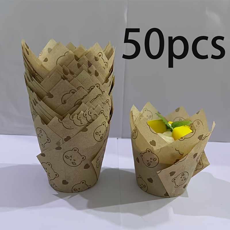 Image of 50pcs Tulip Cupcake Liners, Greaseproof Baking Cups, Bear/black , Baking Cups, Suitable For New Year, Valentine's Day, Birthday And Wedding Holiday Party Baking, Kitchen Essentials