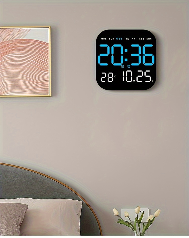 large led digital wall clock with remote control usb powered rechargeable   alarm temperature display calendar for bedroom details 17