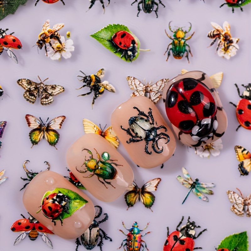 6d Embossed Insect Nail Art Stickers Decals | Animal Print | Plastic Self-adhesive Embellishments For Diy Nail Art | Ladybug, Butterfly, Bee, | Single Use | Unscented | Pack Of 1