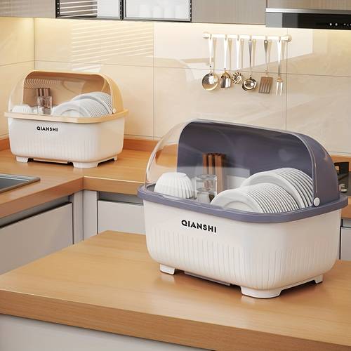 dish rack with lid all in one drying rack and storage organizer for kitchen counter utensil and plate holder