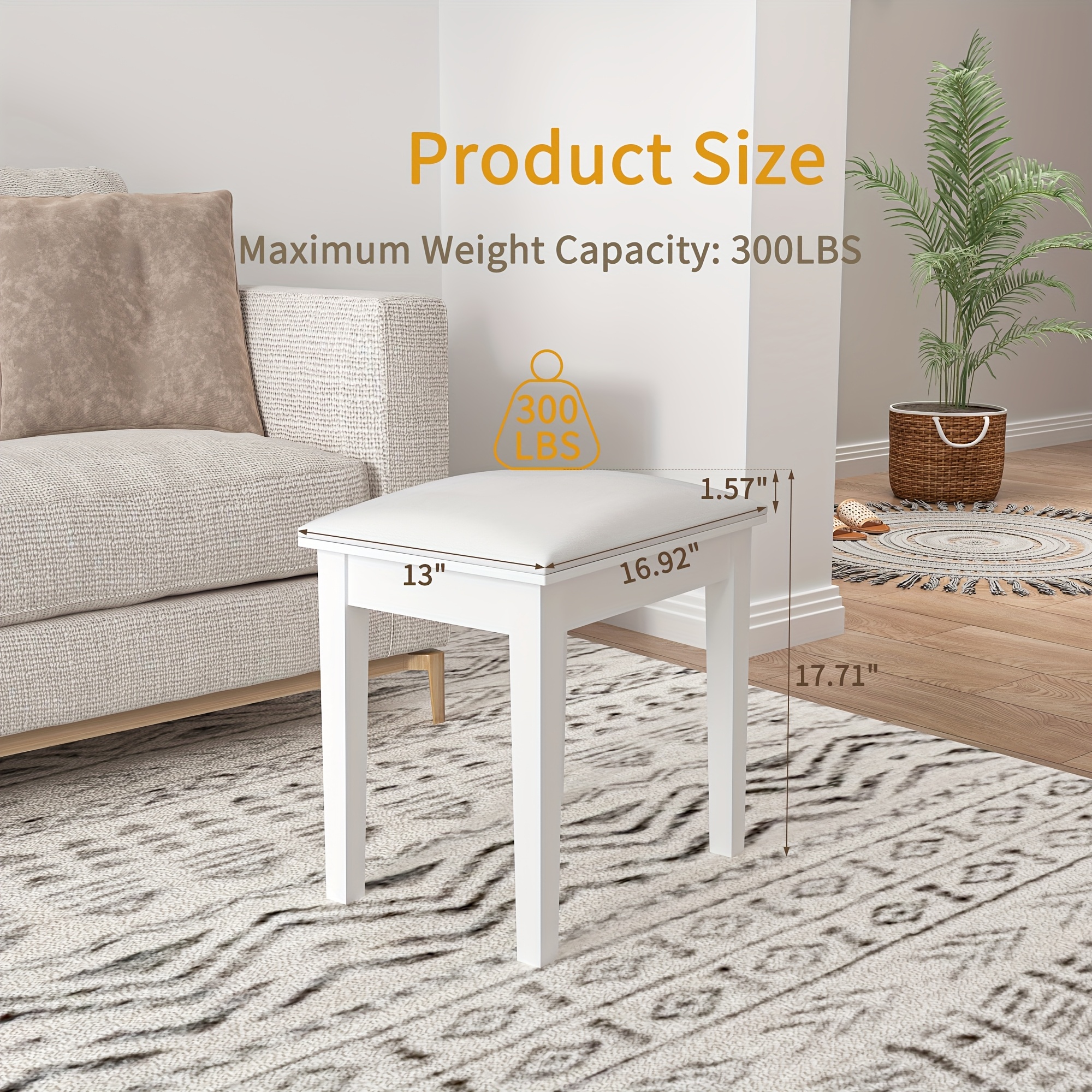 Organizedlife Vanity Stool Chair, High Elastic Makeup Bench, Modern Padded Piano Stool Seat For Makeup Room, Bathroom, Living Room, Ottoman, White