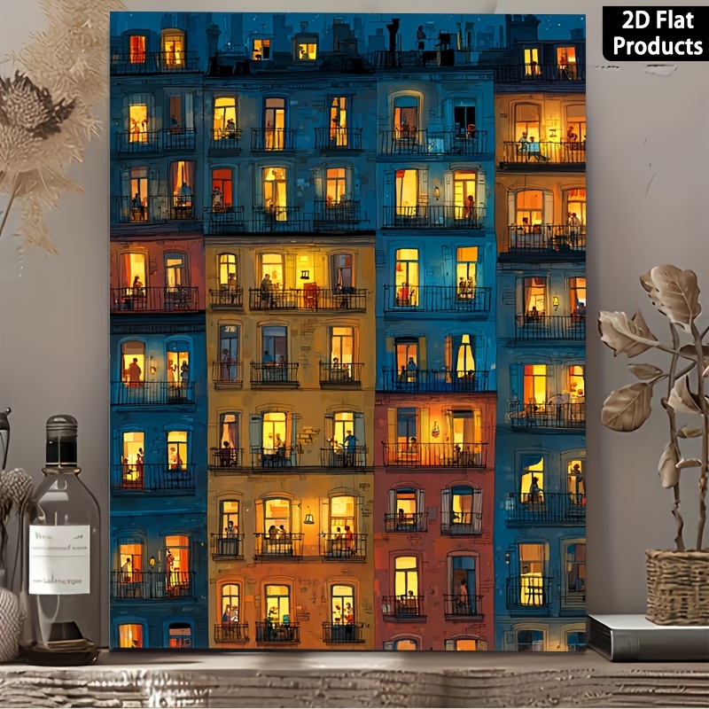 TEMU plat 2D, Peinture 2D, Art 2D plat, 1pc Toile non encadrée représentant un grand immeuble à appartements , avec des personnes dans les fenêtres,