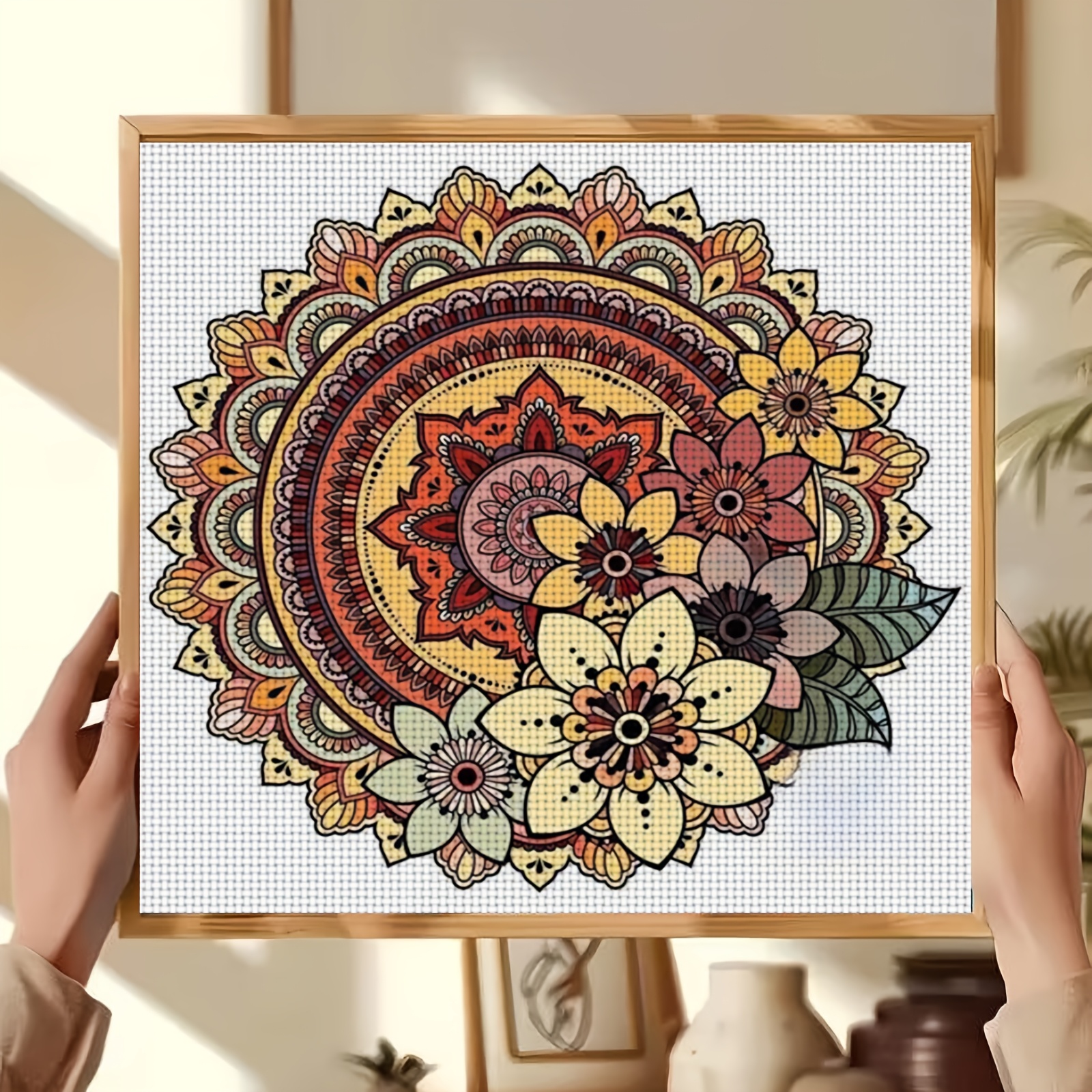 DIY Cross Stitch Print Kit, Frameless, Round Floral Decorative Pattern