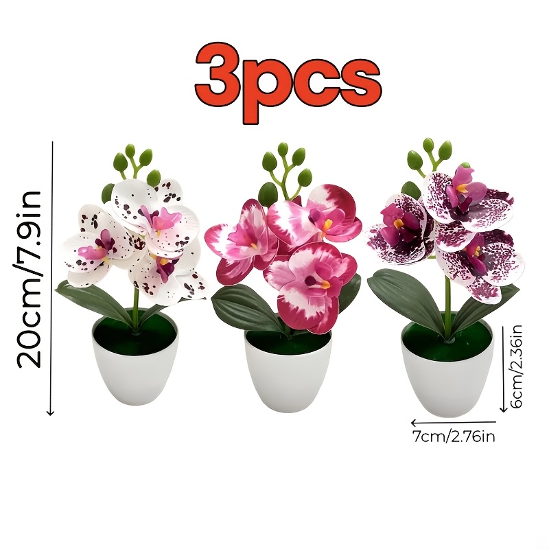 3pcs Artificial Phalaenopsis Orchid Set with White Pots - Realistic Faux Flowers in White-spotted Purple, Spotted Purple, and Rose-red-edged Colors, Lifelike Blooms - No Watering or Maintenance Required, Ideal for Desktop Centerpieces, DIY Birthday