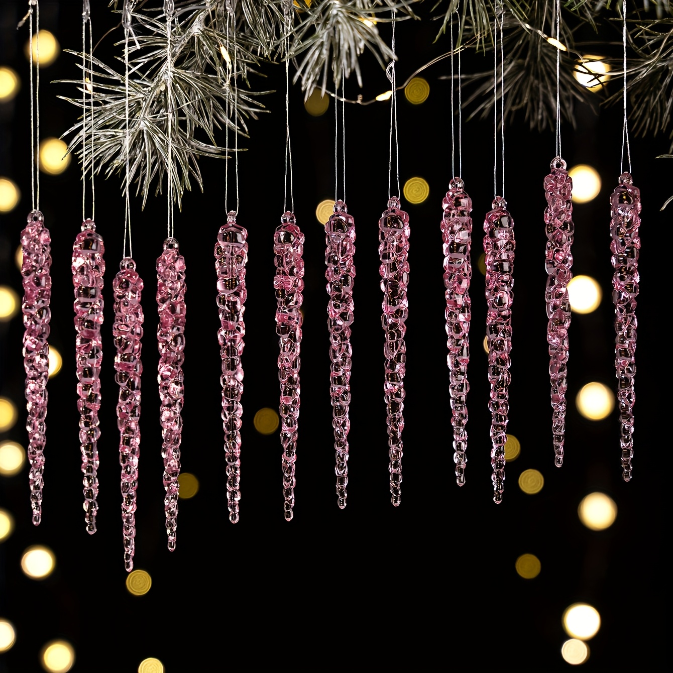 Set Of 12, Acrylic Icicle Picks For Christmas Decoration, Solid Pink And Crystal Pendants For Holiday Parties, Suitable For Indoor And Outdoor Use