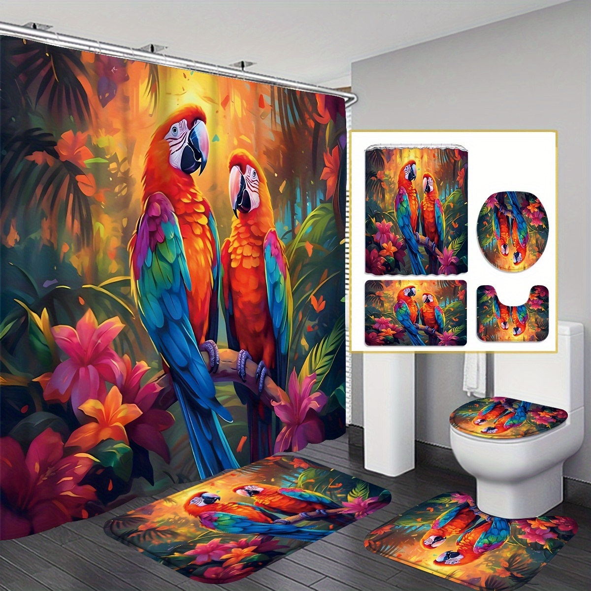 

4pcs Set Of Bird Shower Curtain Decoration, Housewarming Gift Décor, Waterproof Shower Curtain And Toilet Floor Mat -piece Set With 12 Shower Curtain Hooks