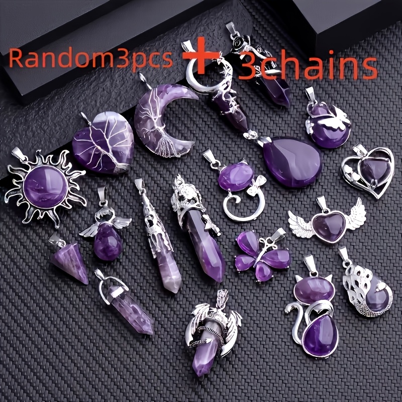 TEMU 6 Assorted Bohemian- Amethyst Pendants, Featuring Designs Such As The Moon, Sun, Heart, And , To Create Your Unique Mystical Atmosphere.