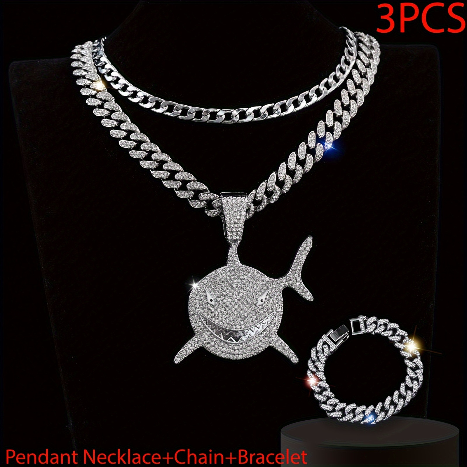 

3pcs/set Mens Creative Hip Hop Shark Rhinestone Pendant Necklace, Large Shark Pendant Iced Out Cuban Chain Bracelet Jewelry Set