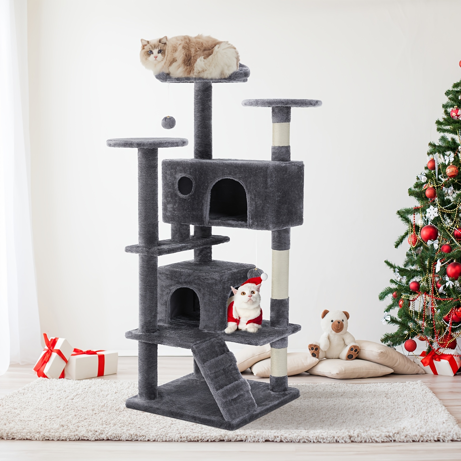 

54in Tall Multi-level Cat Tree Tower For Indoor Cats, House With Sisal Scratching Post, Large Condo, Climbing Ladder, Pet Furniture, Plush Toy For Kitten