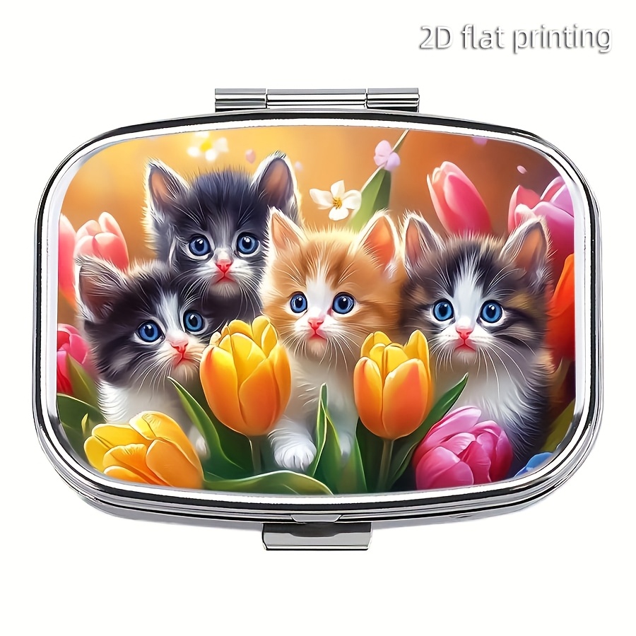 Image of 1pc The Kittens In The Flowers Portable Medicine Pill Case, Pill Box For Purse & Pocket, Cute Metal 2 Compartment Portable Pill Holder, Mini Pill Organizer For Travel Or Daily