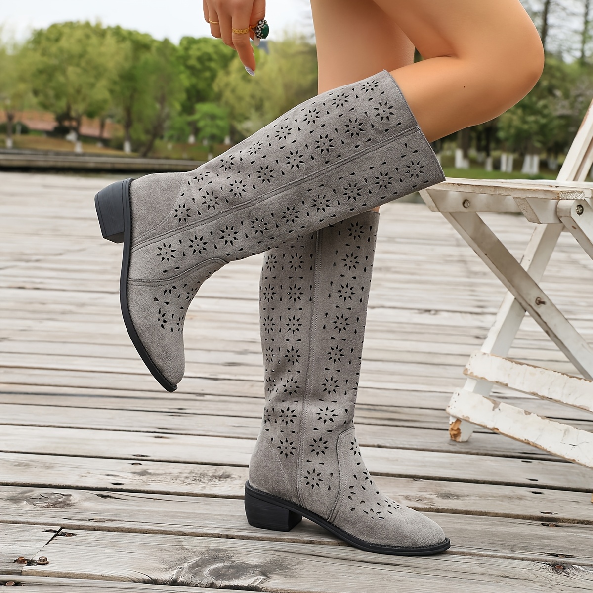 TEMU Spring Summer Women's Shoes Retro Hollow Round Toe Inner Height High Heel Combat Boots Fashion Women's Chunky Boots Soft Sole Hollow Breathable