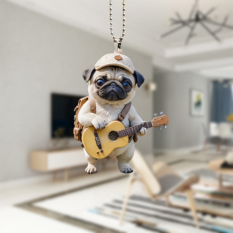 

1pc Classic Acrylic Pug Dog Hanging Ornament With Guitar, Car Pendant, Backpack Charm, Keychain, Party Favor, General Fit Holiday Home Decor, Creative Window Craft, Festive Gift Without Feathers