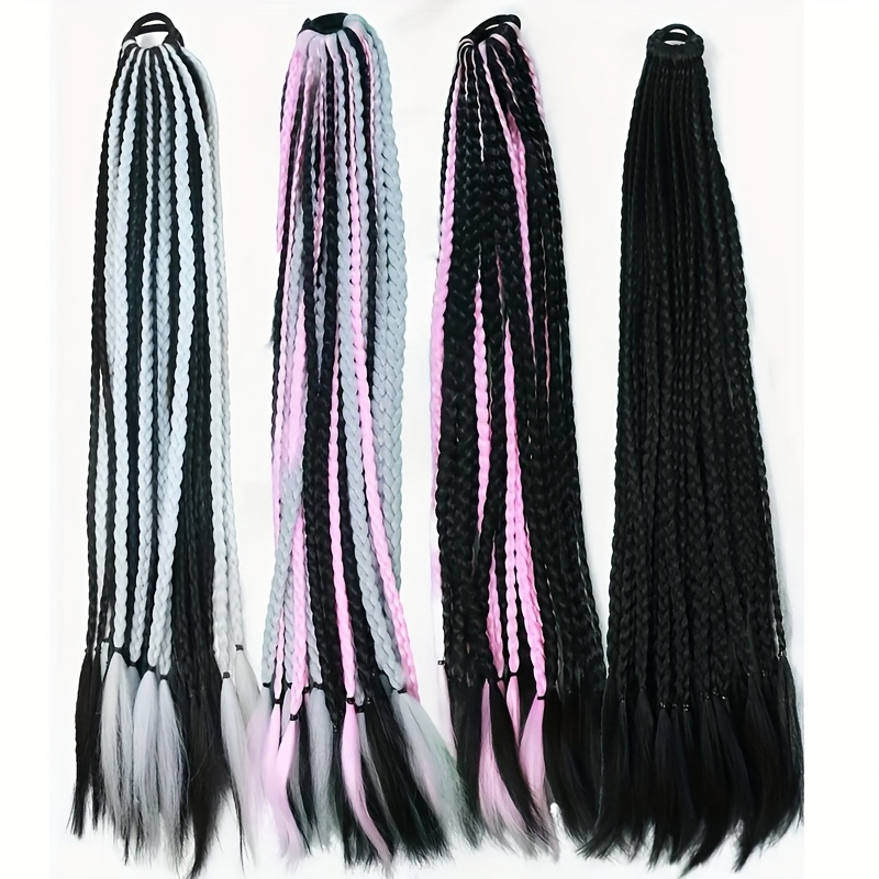 24 strand box braided ponytail extension for women high temperature synthetic hair with elastic band versatile straight style in black white hair accessories details 0