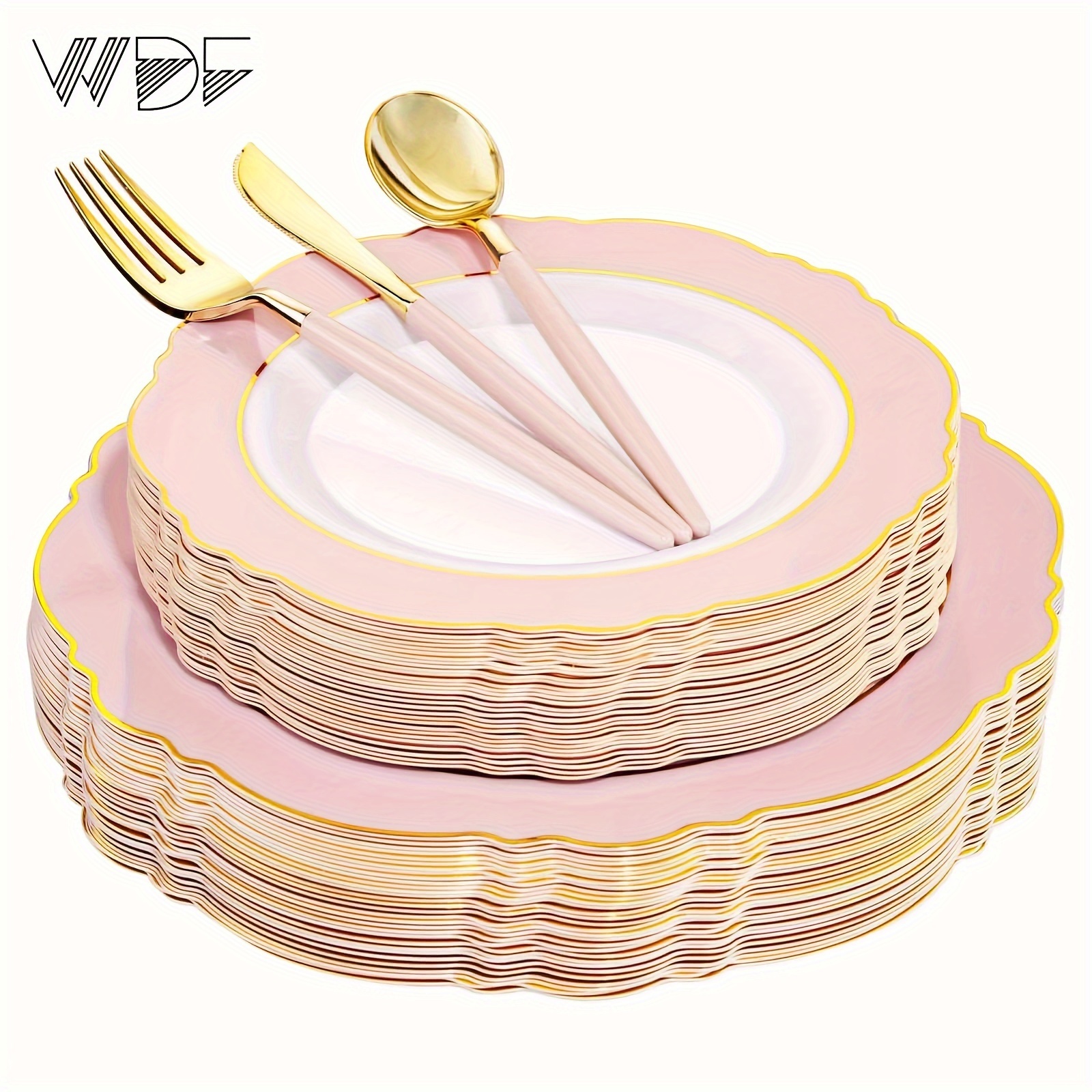 

30guest Pink Plastic Plates & Golden Plastic Silverware With Pink Handle- Pink &gold Plastic Dinnerware For Wedding &parties, Day