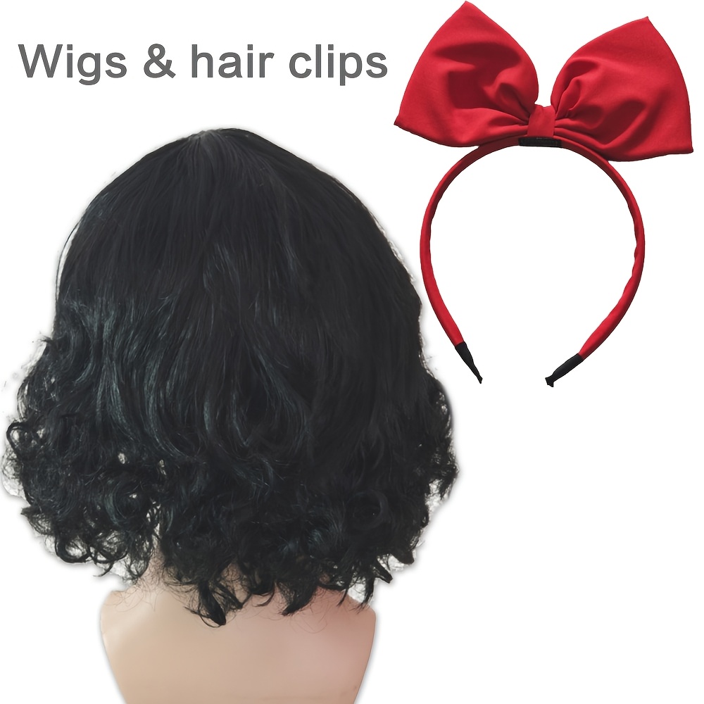 TEMU Perruque courte noire bouclée avec nœud rouge, capillaires résistantes à la chaleur, perruque de remplacement pour cosplay d'Halloween, convient