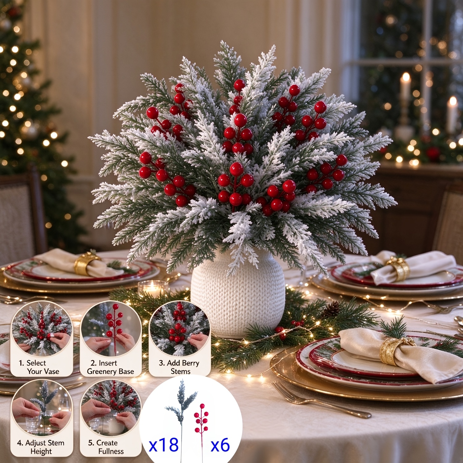 TEMU Composizione invernale artificiale da 24 , un mix di rami di e di rosse. Questo bouquet di fiori artificiali in stile vaso 癡 per centrotavola da