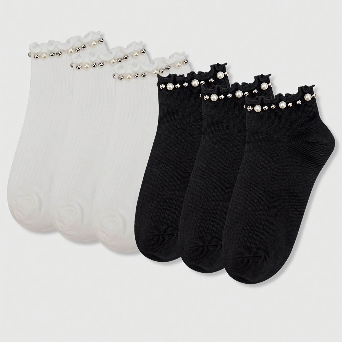 E-shop 6 Paar Schwarz-Weiße Damen Handgemachte Perlen Spitze Kurze Socken Mode Süße Japanischer Koreanischer Stil Trendige Socken