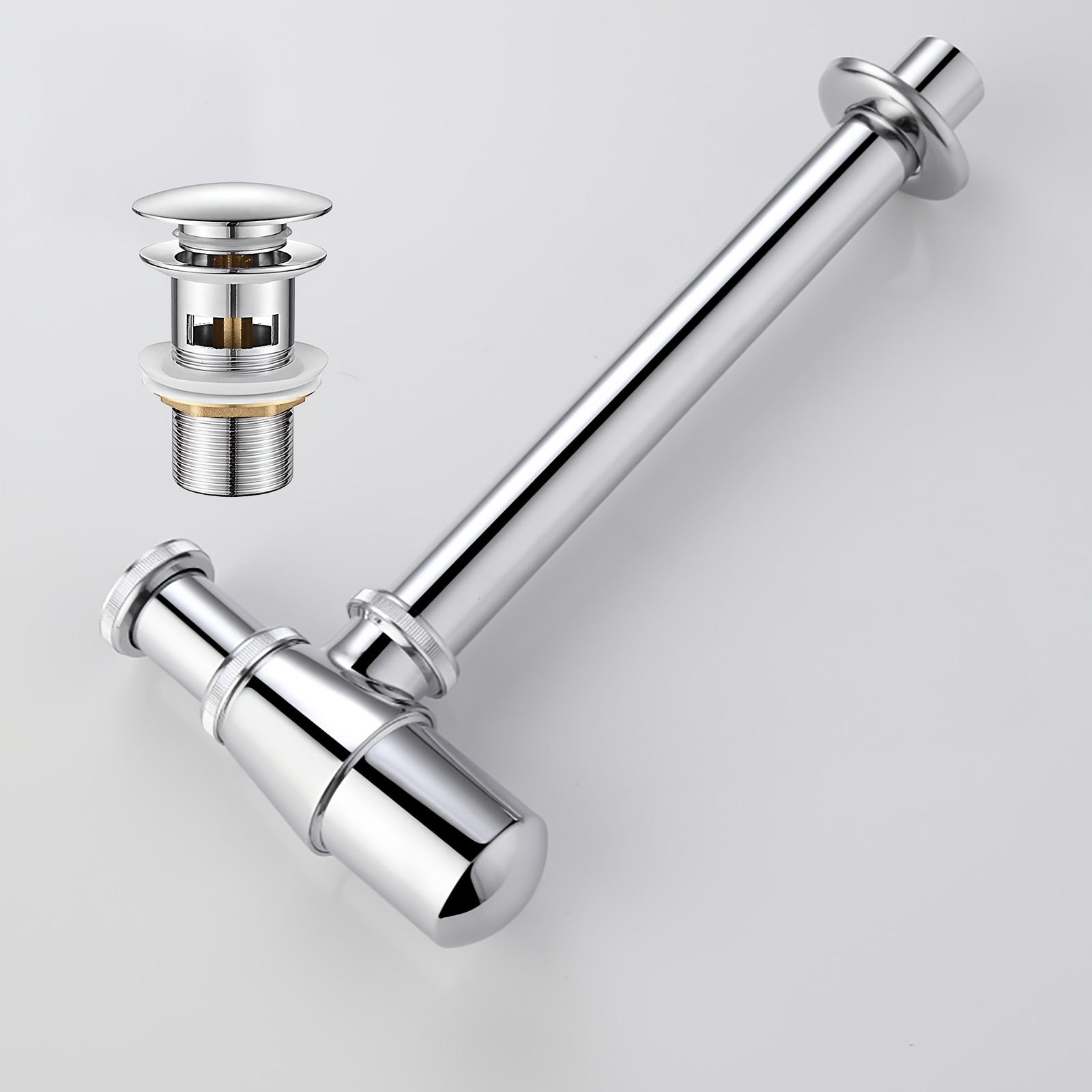 Solid Brass Core Basin Pop Up Drain Stopper With Large Cover, Stainless Steel Alloy Drain Pipe Set For Bathroom Sink